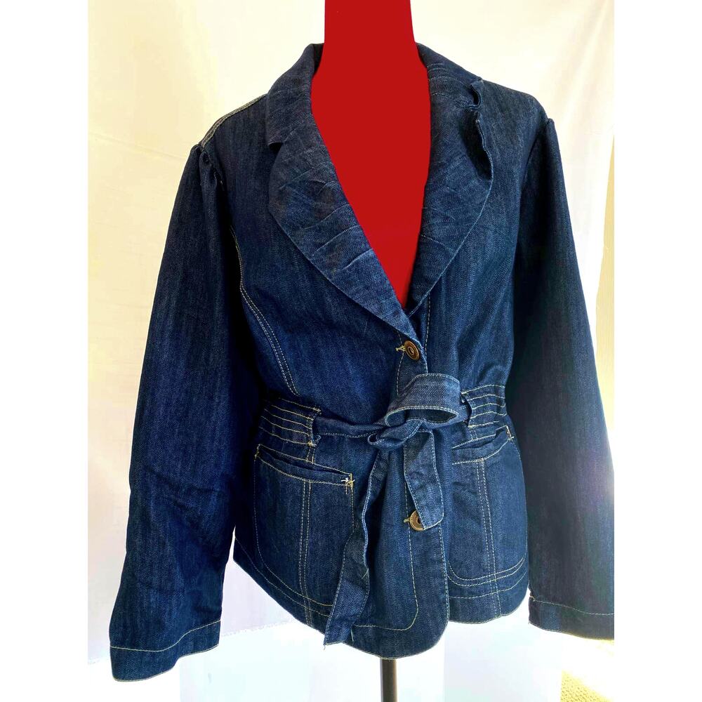 Womens 3XL XXXL Macys Denim Jacket with flattering tie waist pockets collar EUC